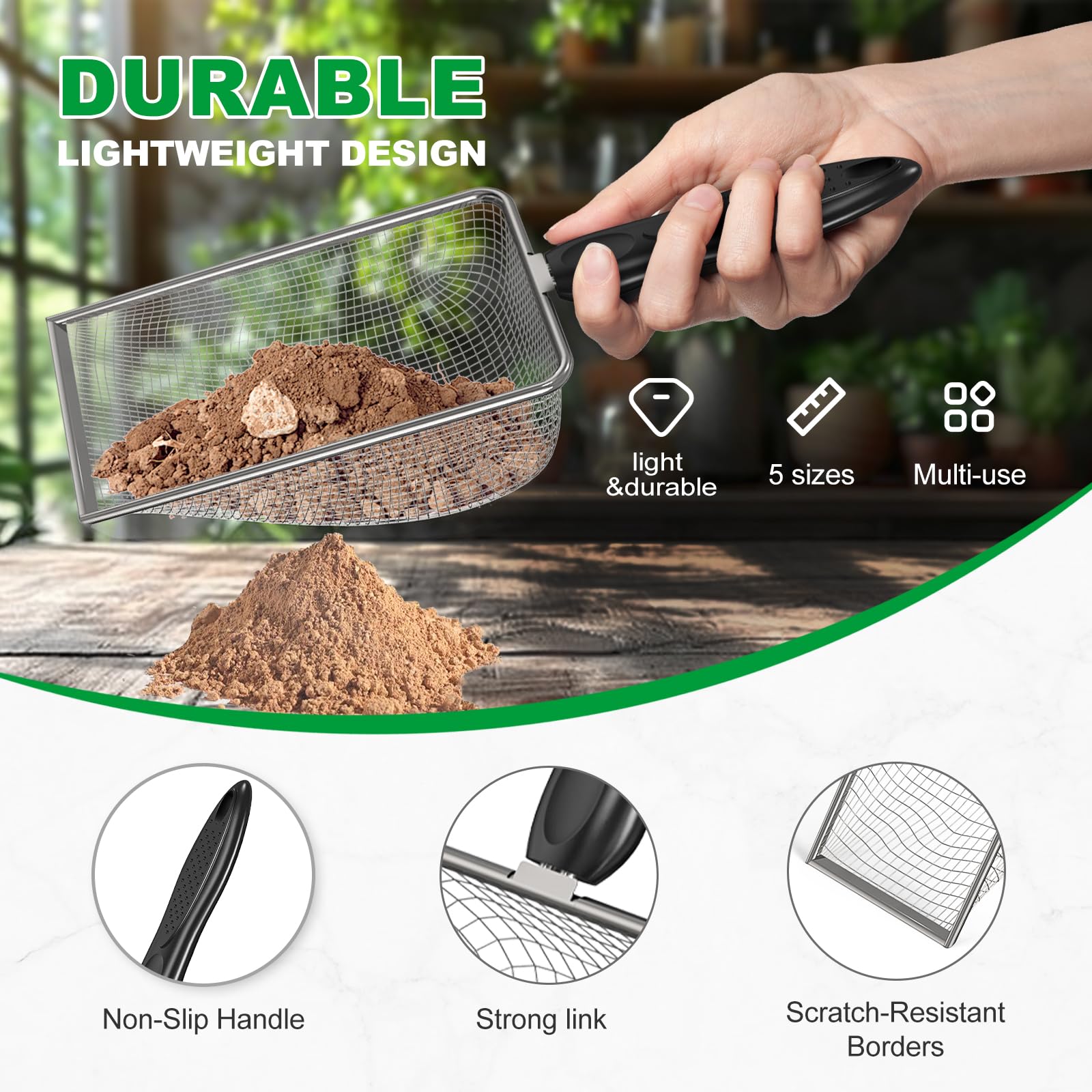 Zihvfzu soil sifter 4-3mm mesh closeup durable dirt filtering