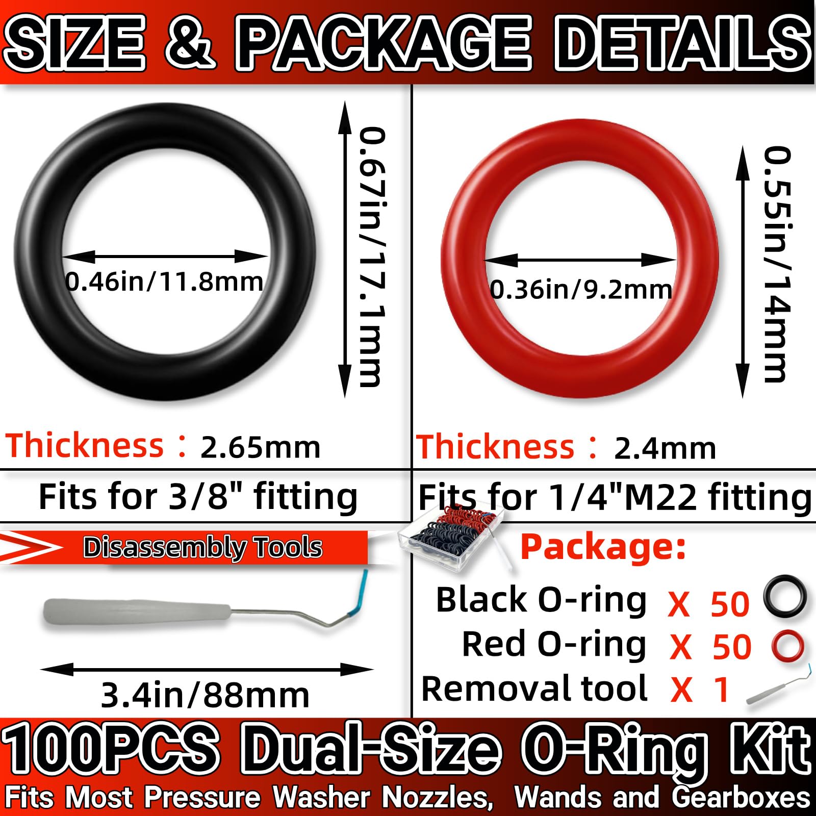 Zijipjy o-ring kit in red and black; durable Buna-N for reliable pressure washer seals.