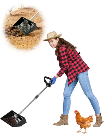 ZimiTeda chicken poop scooper with ergonomic D-grip handle for back-friendly cleaning.