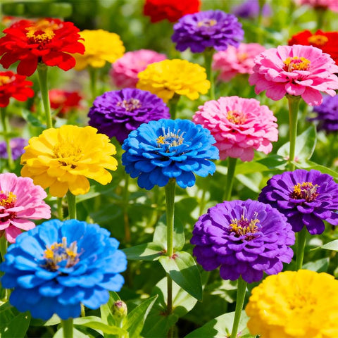 Zinnia seeds mixed colors in a sunny garden, ideal for attracting butterflies.