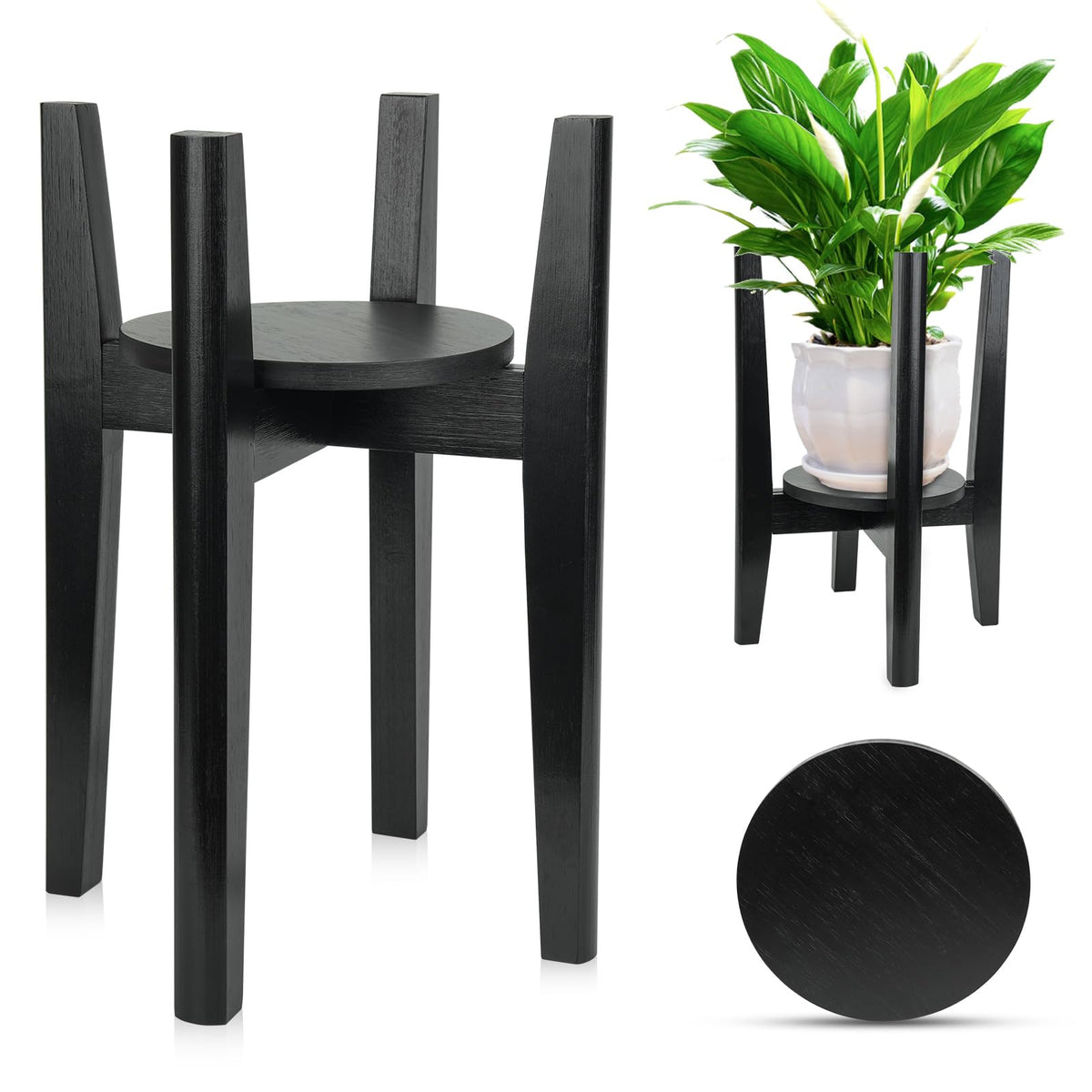 ZIOZERTT adjustable plant stand with tray in front view showing mid-century design and practical tray.