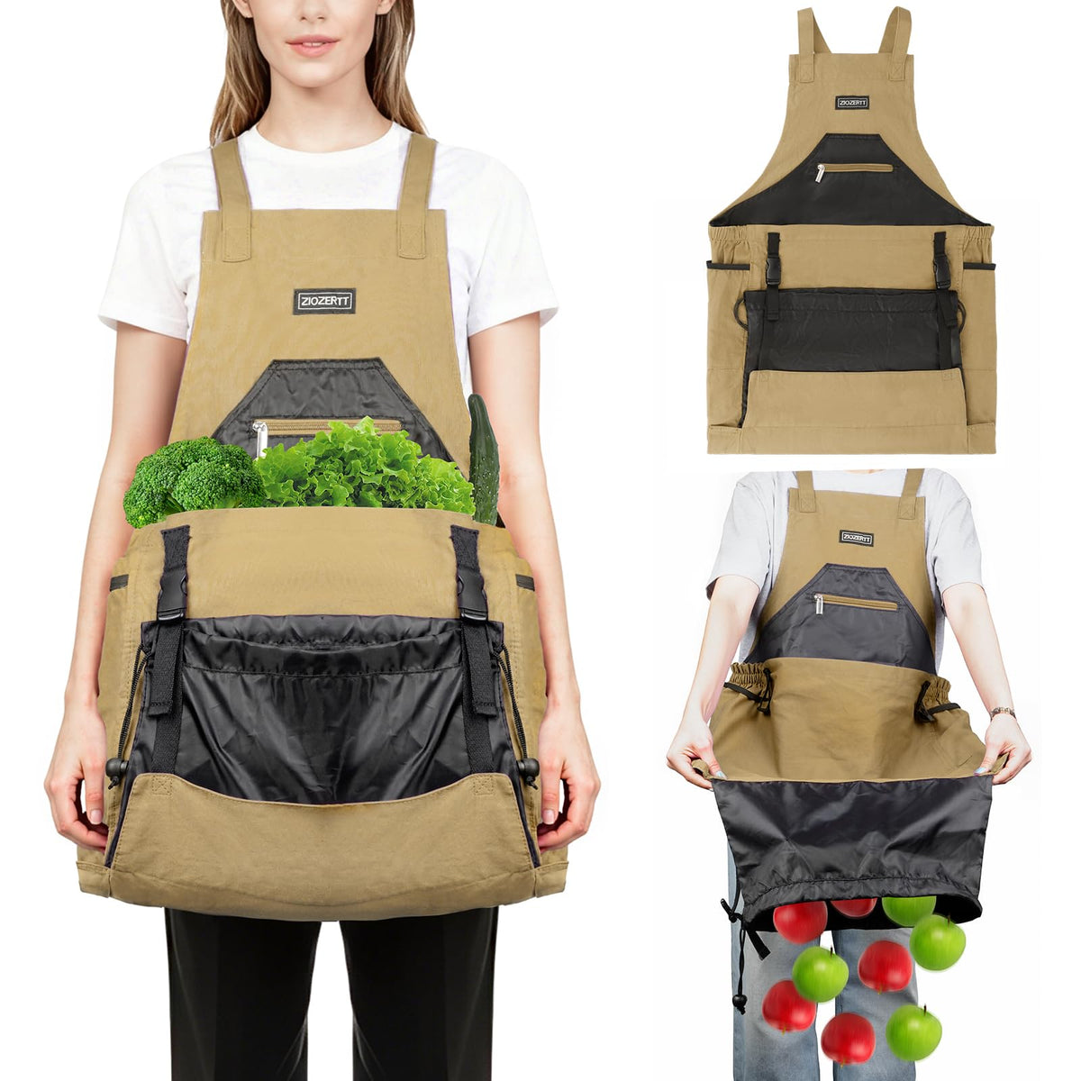 ZIOZERTT Garden Apron drawstring bag secures harvest storage.