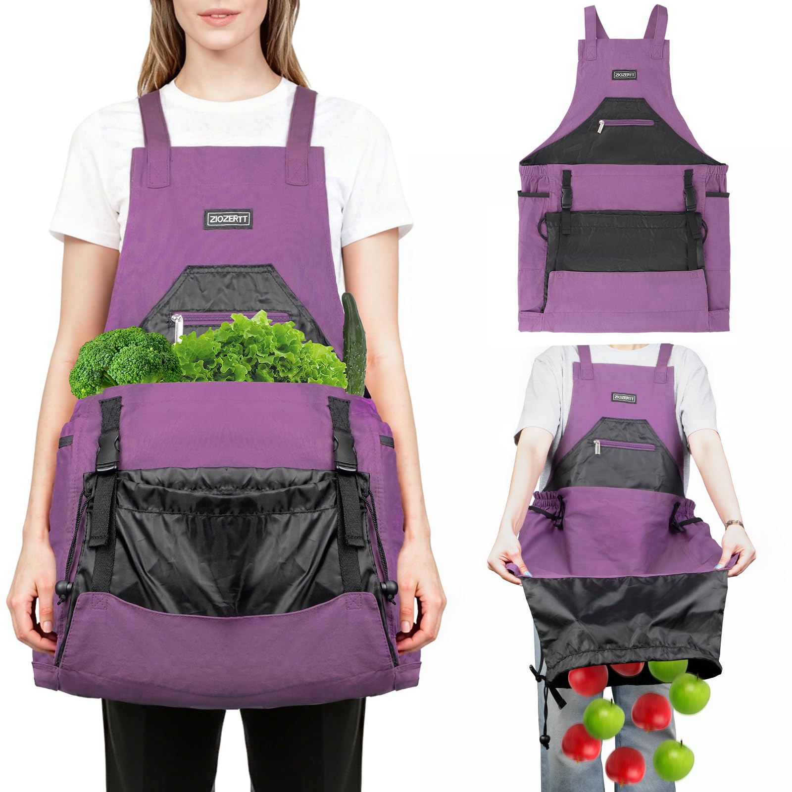 ZIOZERTT Garden Apron with drawstring bag offers secure harvest storage and mess protection.