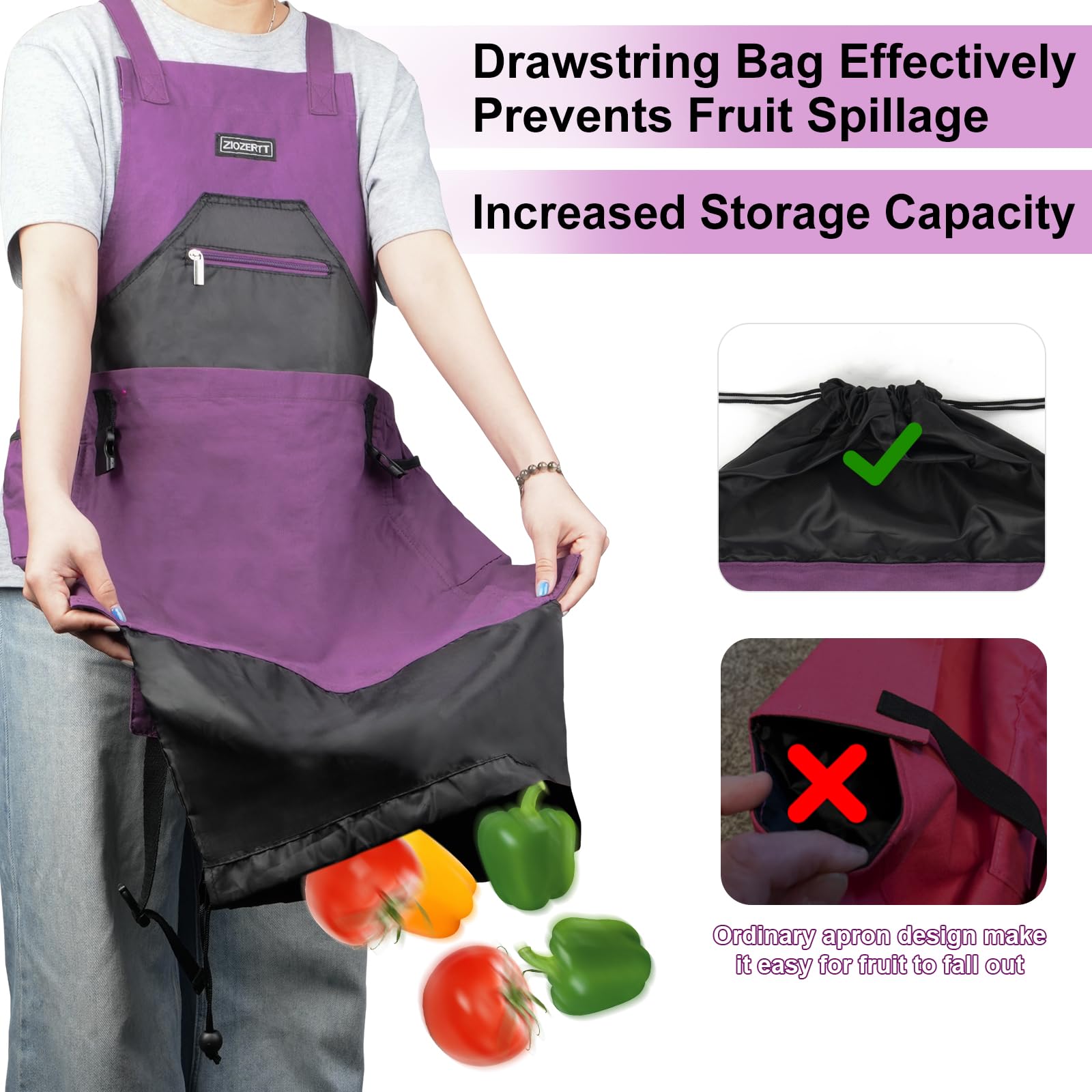 ZIOZERTT Garden Apron showing multiple pockets to organize tools and harvest.
