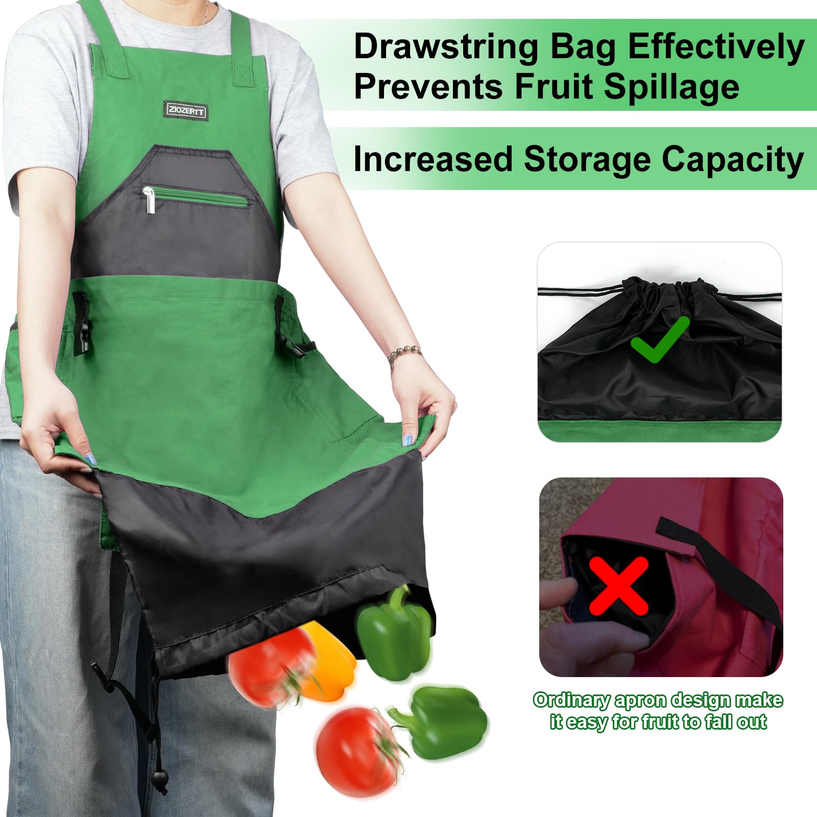 ZIOZERTT apron pockets reveal spacious bottom, top, and zipper compartments for tools and harvest.