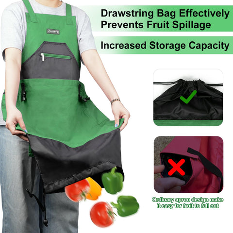 ZIOZERTT apron pockets reveal spacious bottom, top, and zipper compartments for tools and harvest.