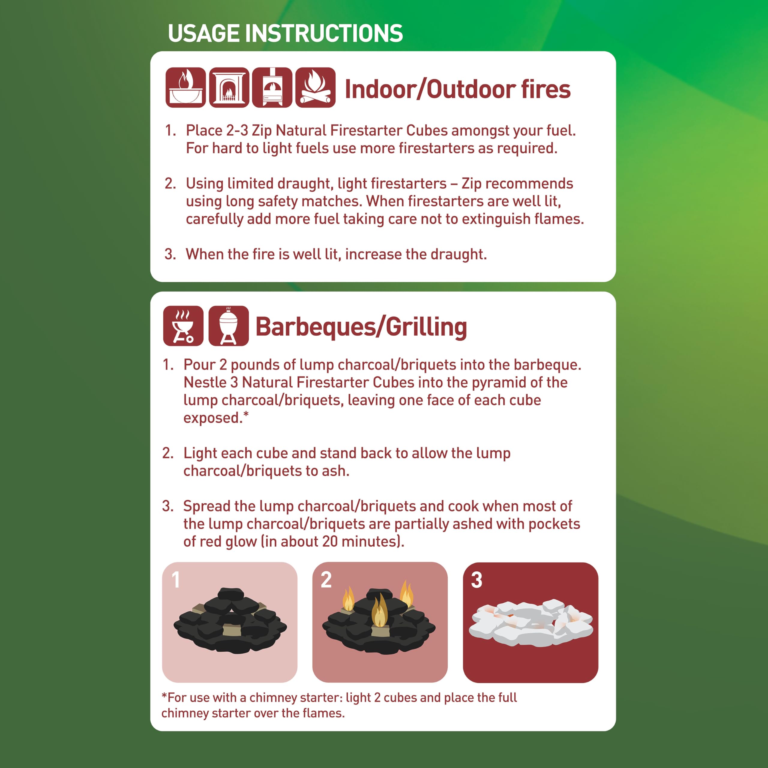 Zip Natural Firestarter Cubes for grilling with fast ignition