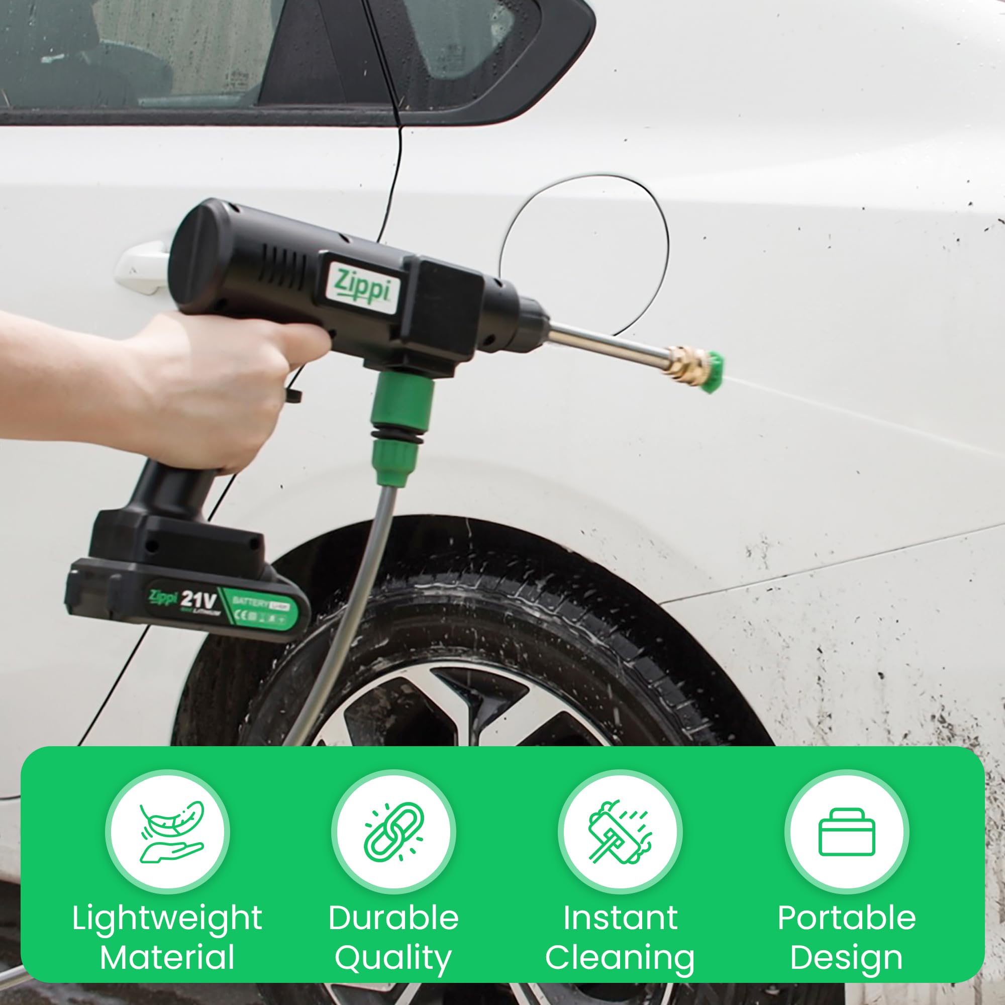 Zippi rechargeable battery pack powering up to 45 minutes of cleaning.
