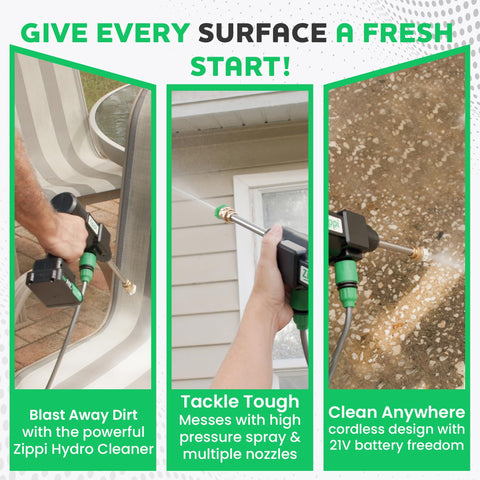 Zippi wide spray nozzle covers large outdoor surfaces quickly.