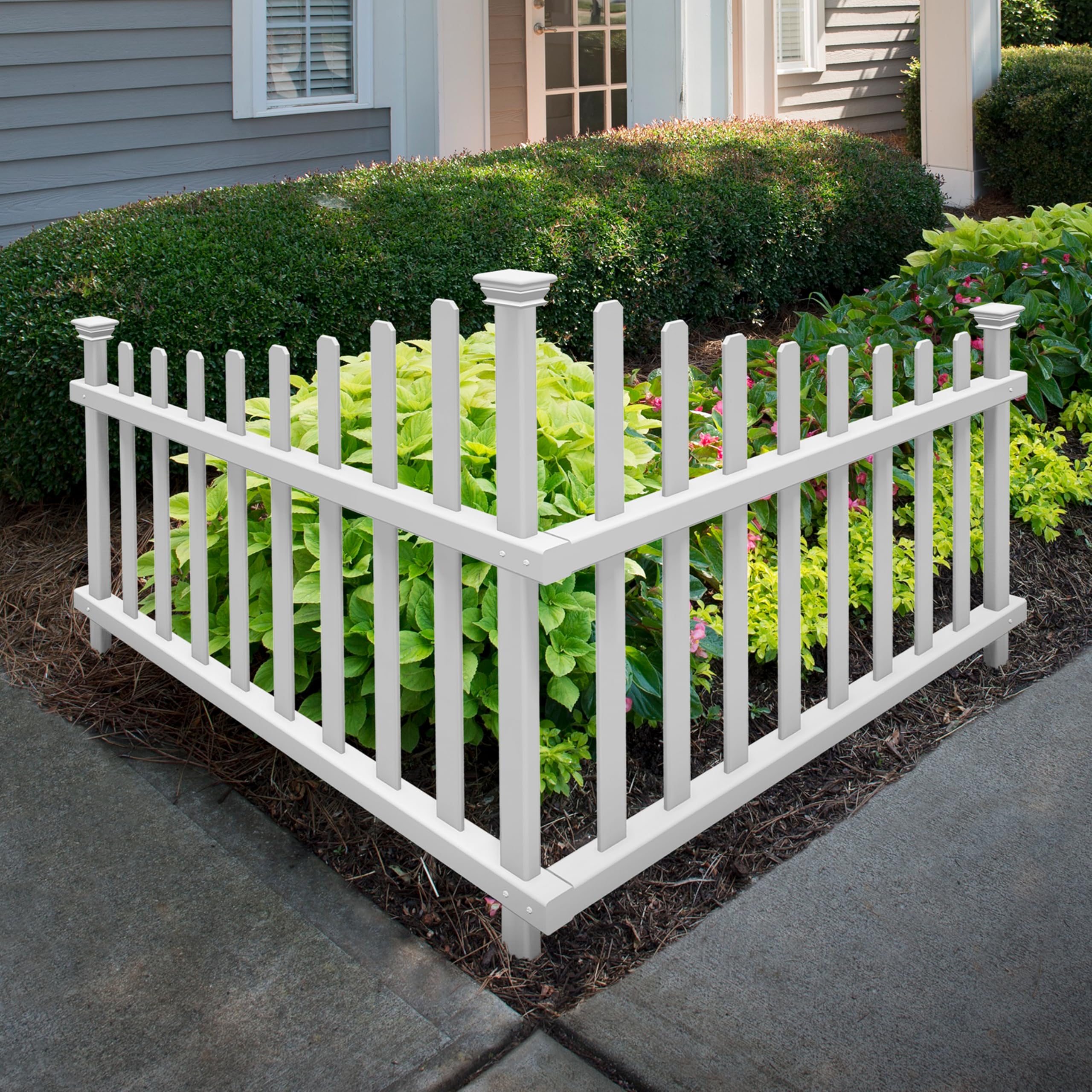 Zippity Ashley corner fence front view defines garden borders with durable vinyl