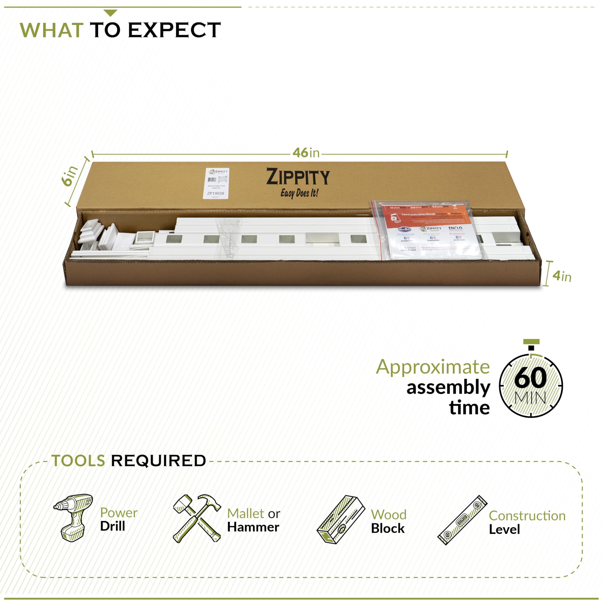 Zippity Baskenridge gate kit packaged for quick installation