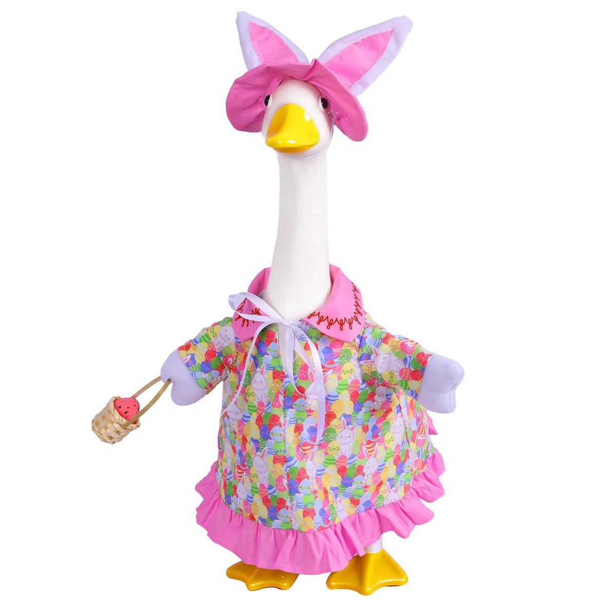 Zixumild Easter porch goose dress on a goose for festive porch décor and photos