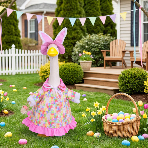 Zixumild porch garden display featuring Easter goose outfit