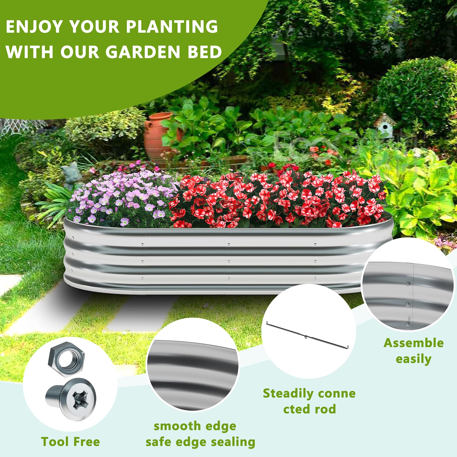 Zizin oval galvanized raised bed bottomless design enabling drainage and healthy roots.