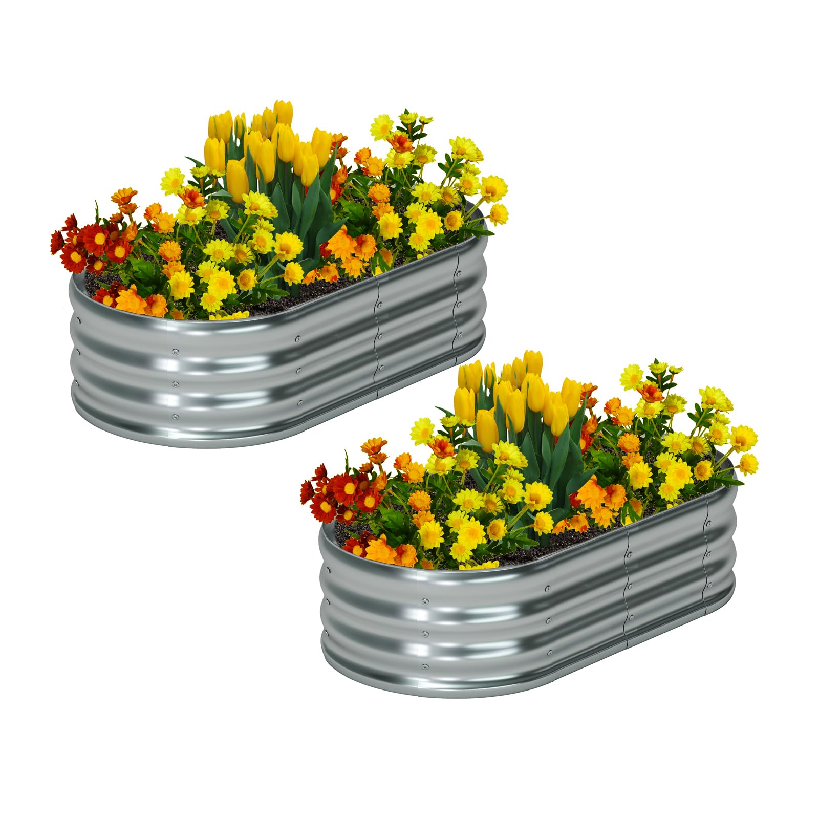 Zizin oval raised garden bed, side view in silver, ideal for compact vegetable gardening.