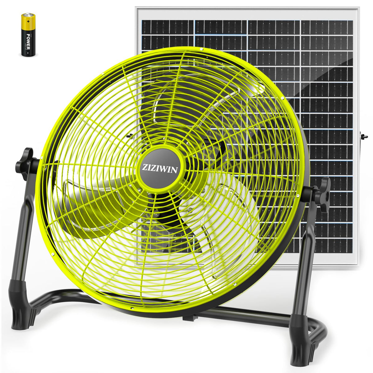 ZIZIWIN 18-inch solar fan front view with sturdy metal frame for outdoor use.