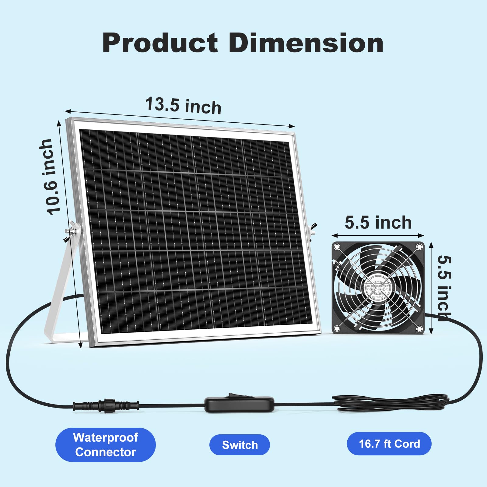 ZIZIWIN 20W solar greenhouse fan mounted for efficient air circulation in sun.