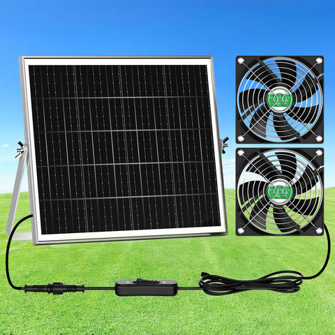 ZIZIWIN solar chicken coop fan 2 kit, front view, improves coop airflow