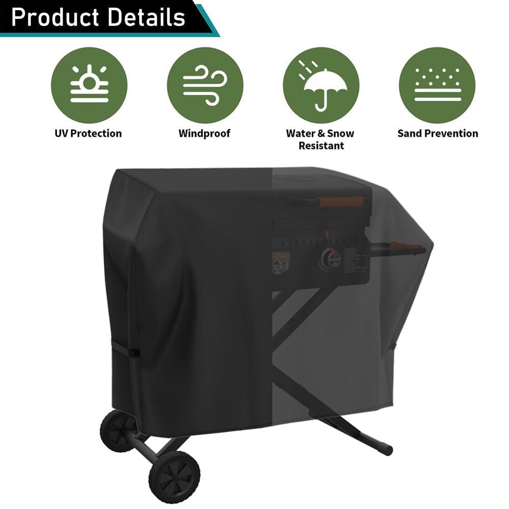 ZJYWSCH griddle cover with velcro-secure strap keeps it snug in gusty winds.