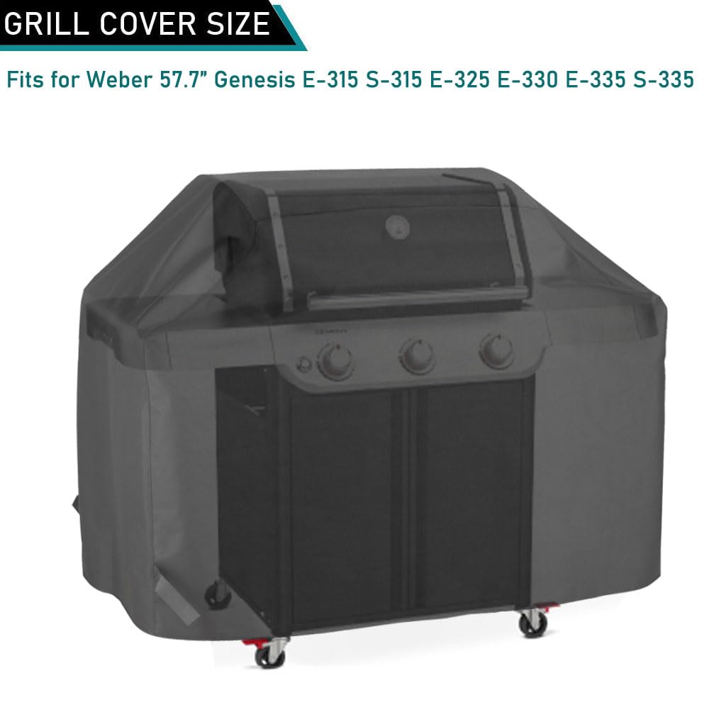 ZJYWSCH cover displayed next to a Weber Genesis grill measuring 57.7 inches.