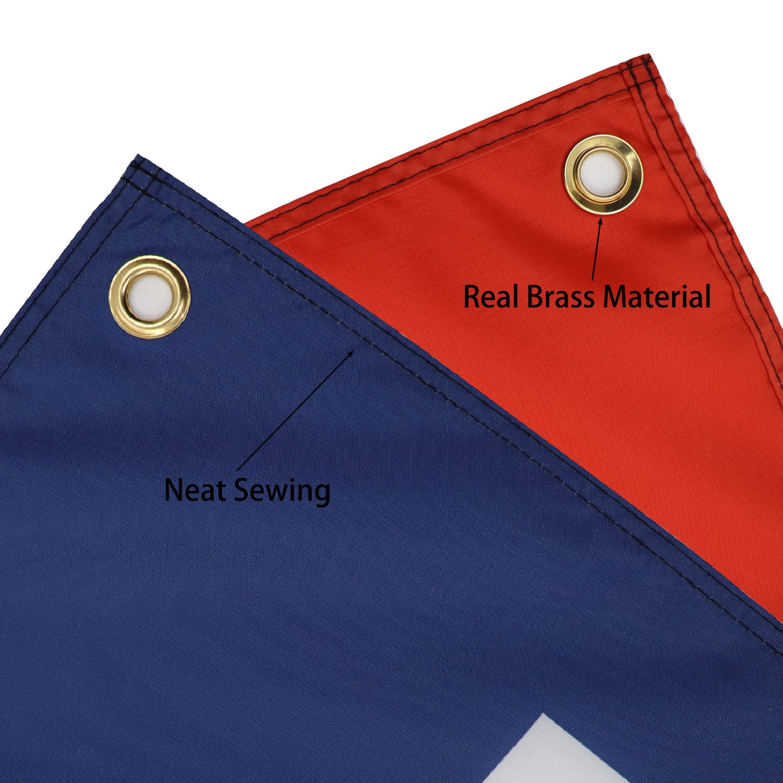 ZKflager flag close-up of edge stitching and brass grommets for durability.