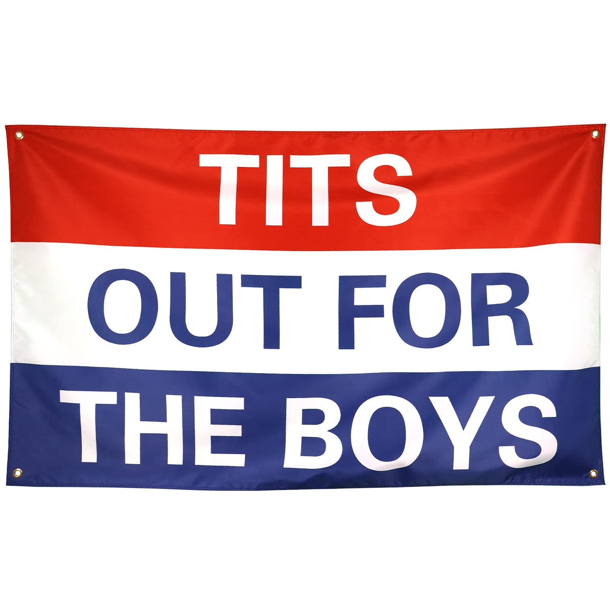 ZKflager Tits Out for the Boys flag front view, bold dorm decor.