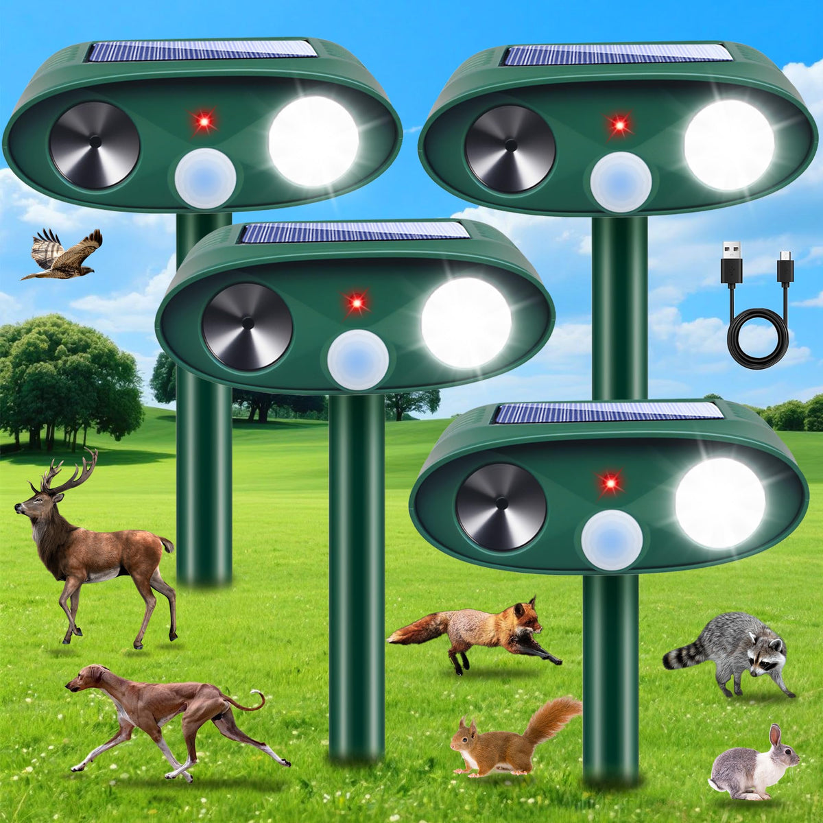 ZLieatmp 4-pack solar ultrasonic repeller front view protects your yard from wildlife.