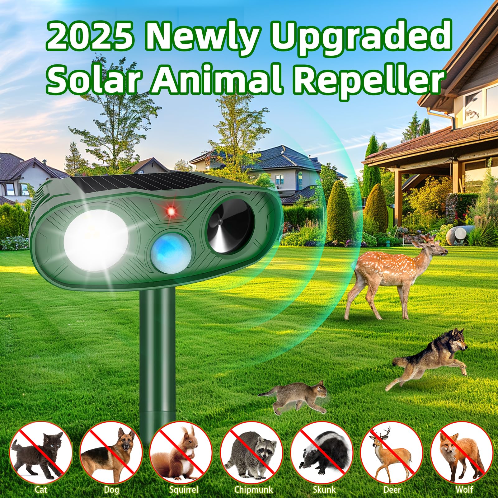 ZLieatmp motion sensor deterrent triggers ultrasonic and LED strobes