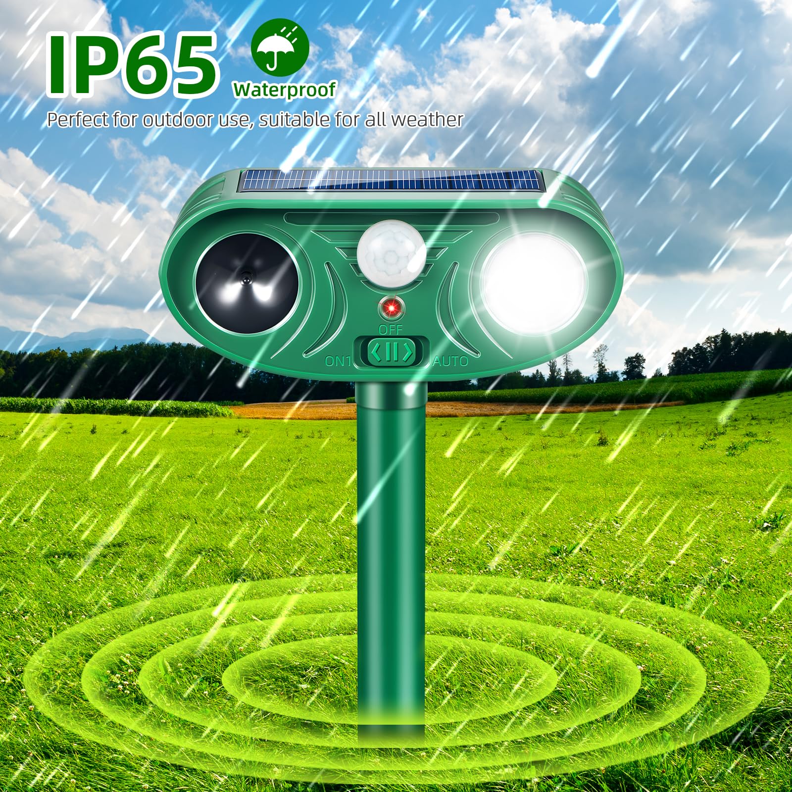 ZLieatmp solar animal deterrent waterproof casing withstands rain and snow.