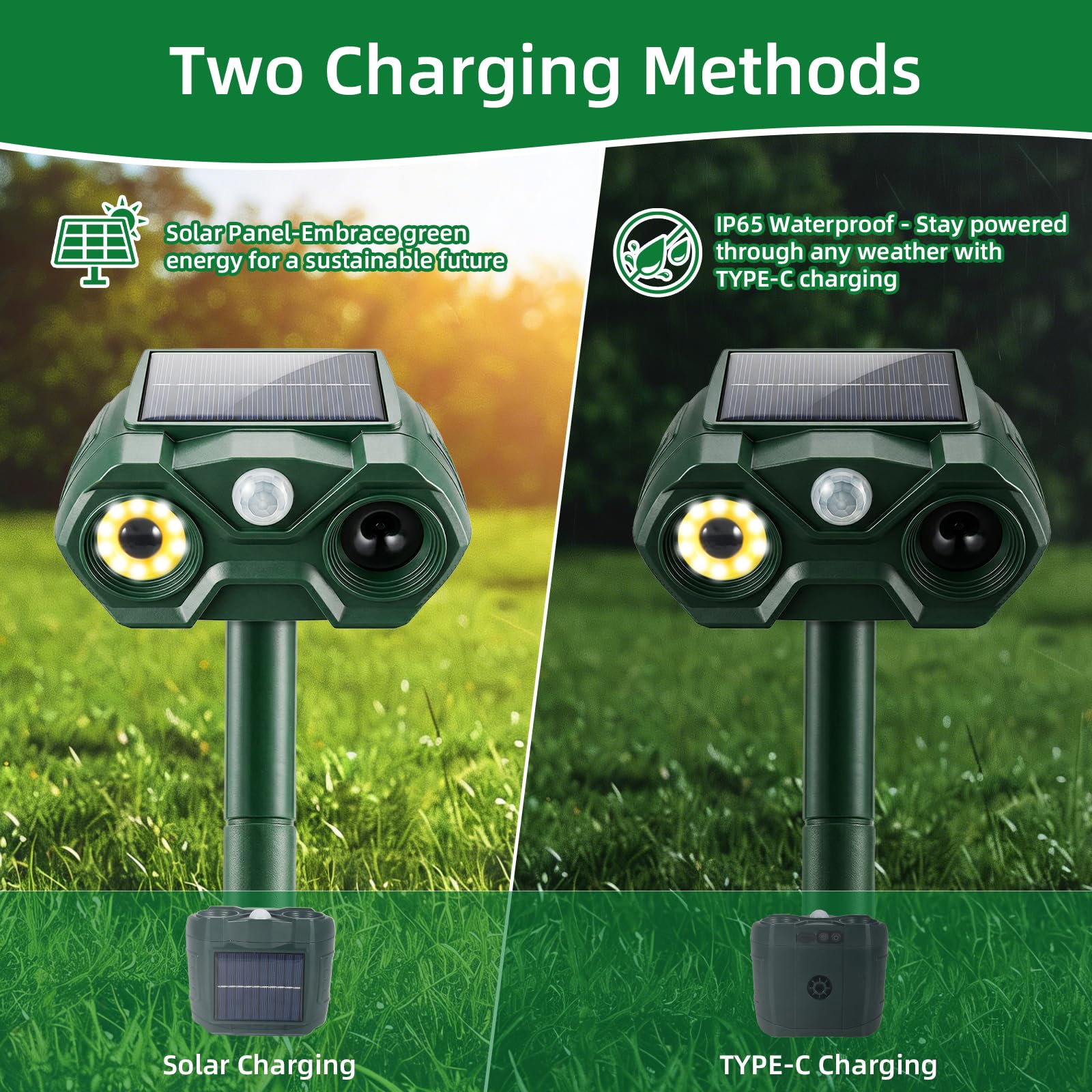 Solar and USB charging keep the device running all year