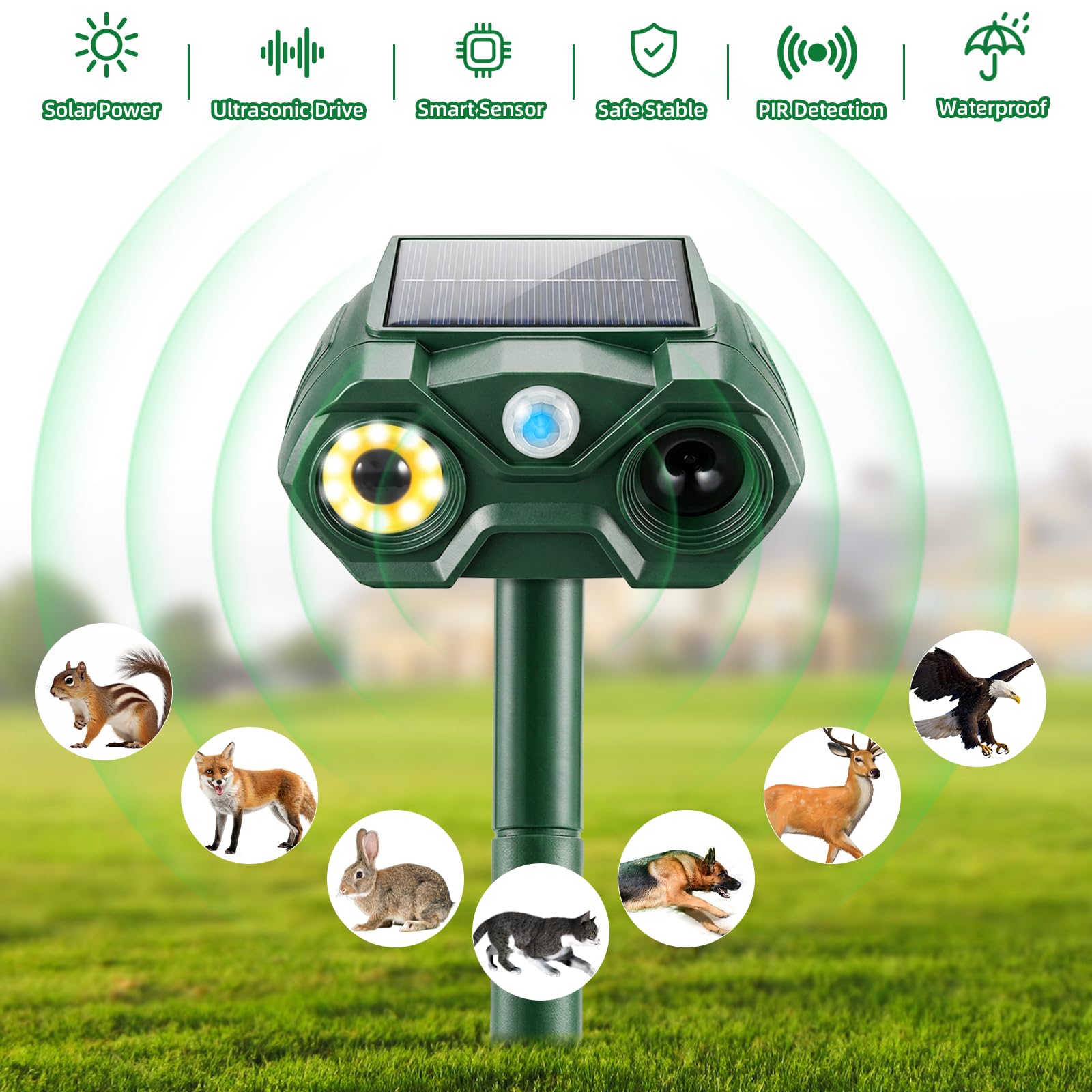 Motion detection activates lights and sounds to deter pests outdoors