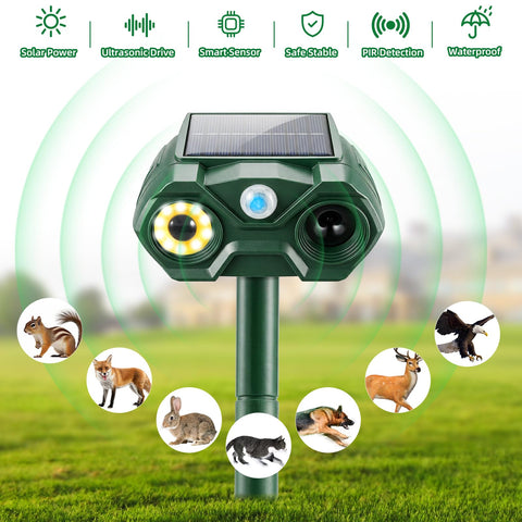 Motion detection activates lights and sounds to deter pests outdoors