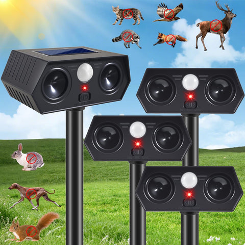 ZLieatmp Solar Ultrasonic Animal Repellent 4Pack pack shot protects lawns without traps.