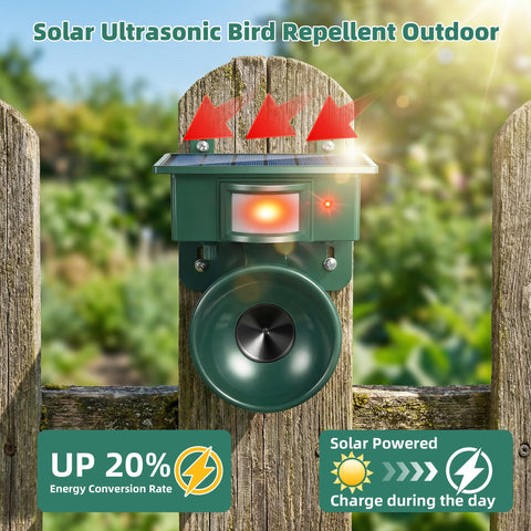 ZLieatmp solar deterrent operates over garden at dawn.
