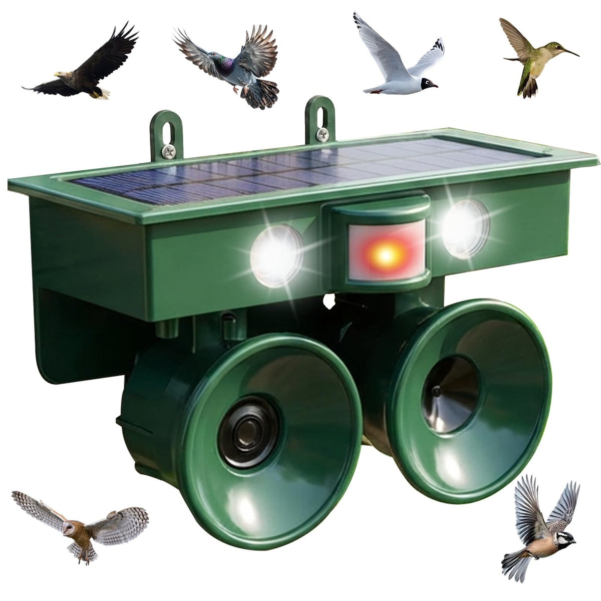 ZLieatmp solar ultrasonic bird repeller front view for effective yard protection.