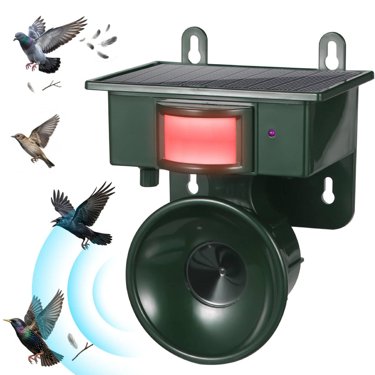 ZLieatmp solar ultrasonic bird repeller front view deters pigeons from roof edges.
