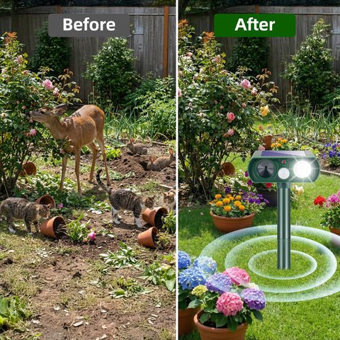 ZLieatmp Sonic Fortress Pro LED strobe deters pests at night.