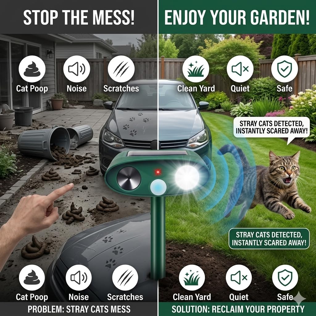 ZLieatmp ultrasonic sounds and LED flash deter animals without harming pets.