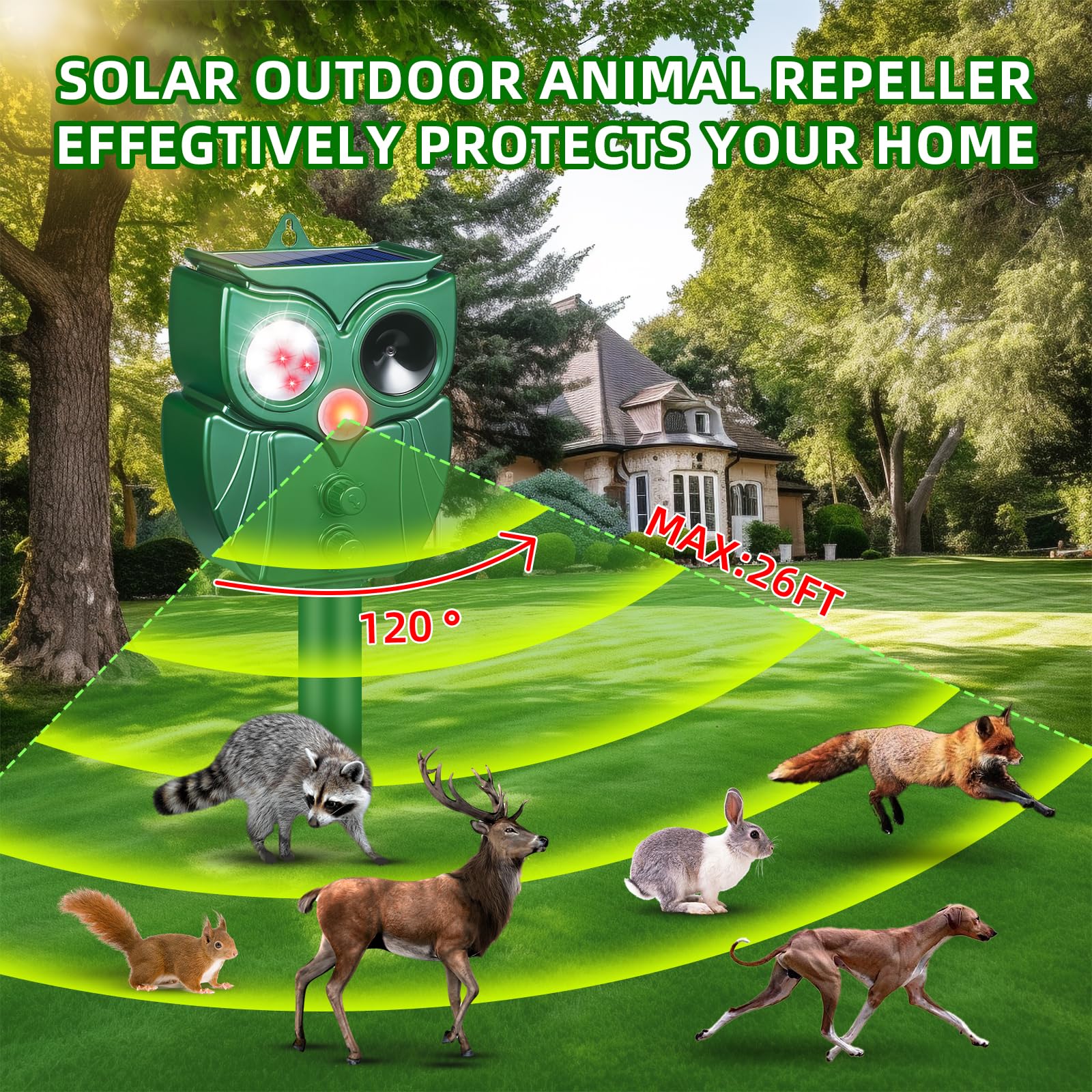 ZLieatmp waterproof solar deterrent with LED flash enhances nocturnal deterrence.