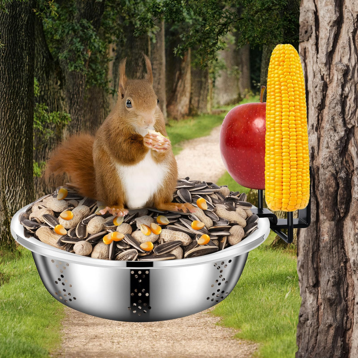 Zliiesns metal squirrel feeder with 8.5-inch bowl for easy backyard feeding.