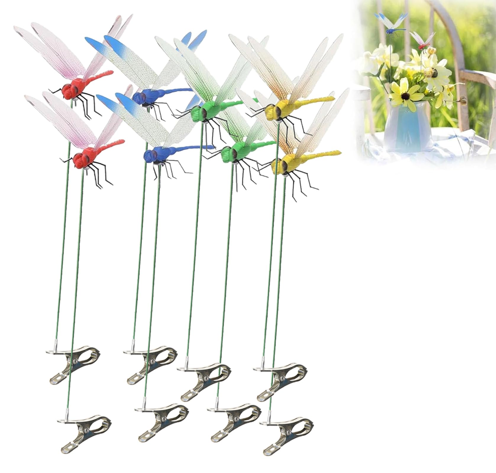 ZLMC outdoor 3D dragonfly clip with adjustable wings on a plant.