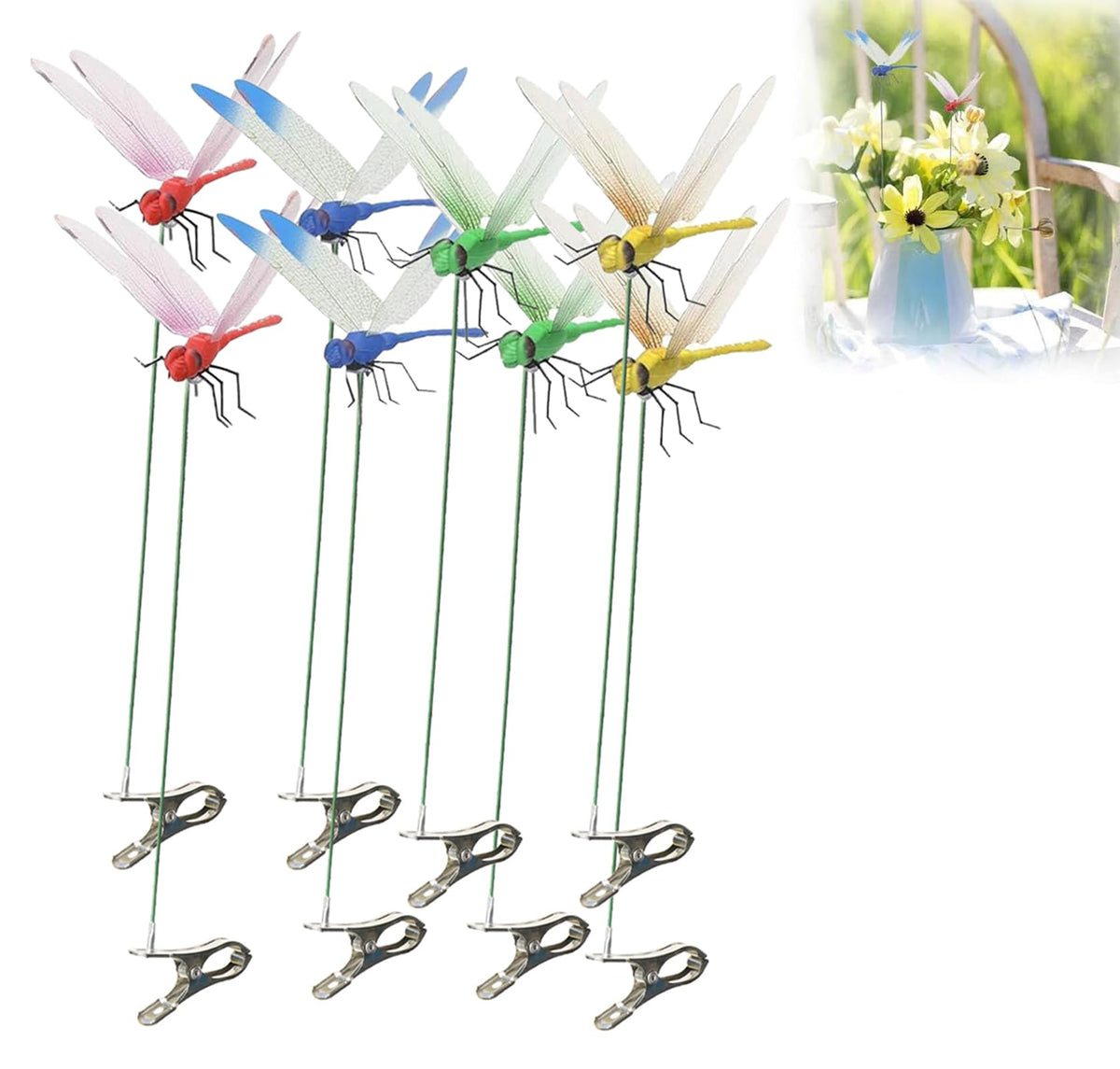 ZLMC outdoor 3D dragonfly clip with adjustable wings on a plant.
