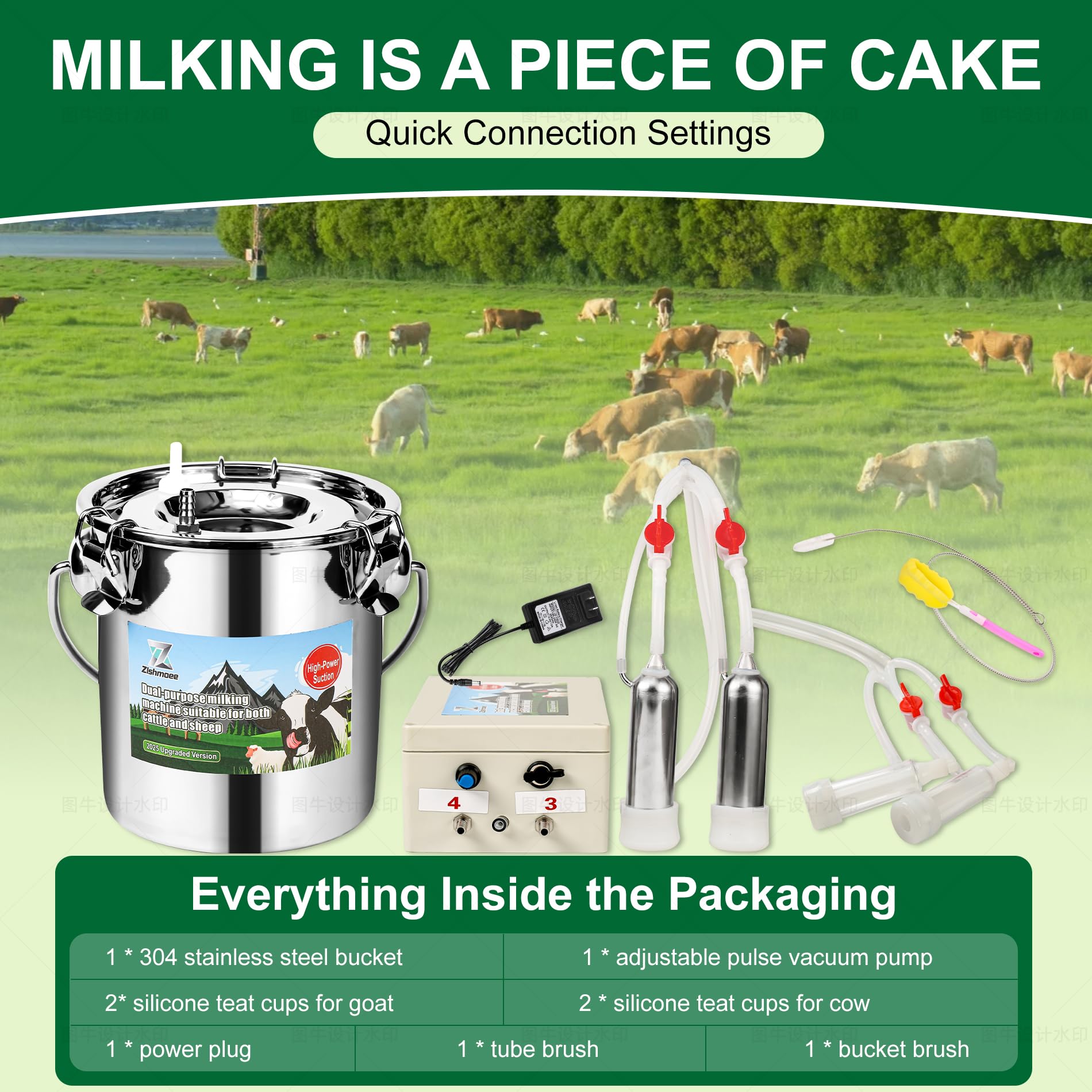 Zlshmoee pulsation vacuum pump provides smooth milking with adjustable pressure.