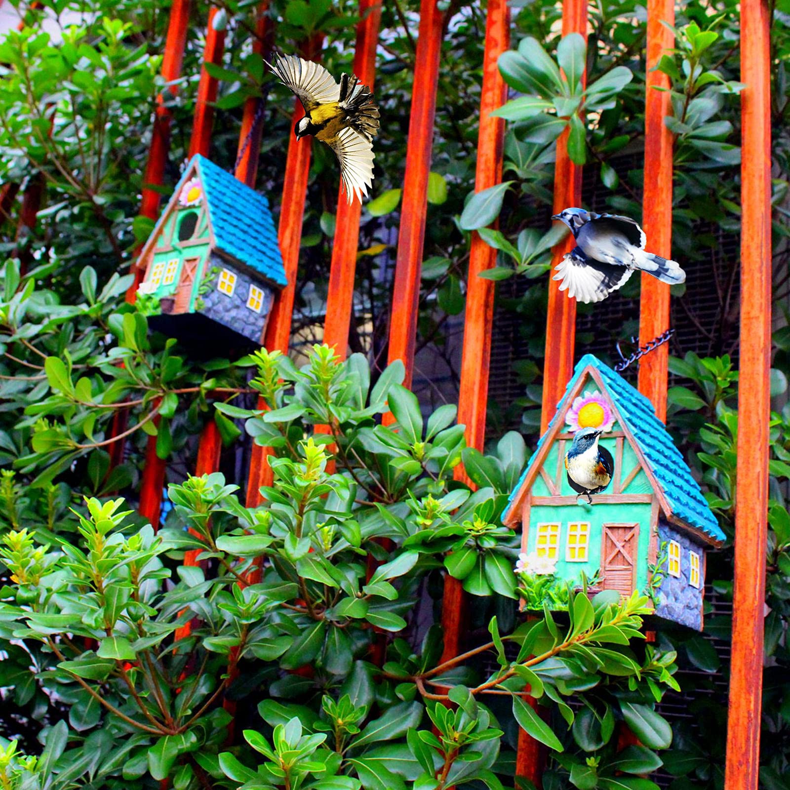ZLSZTMI bird house outdoor blue side view, sturdy hanging.
