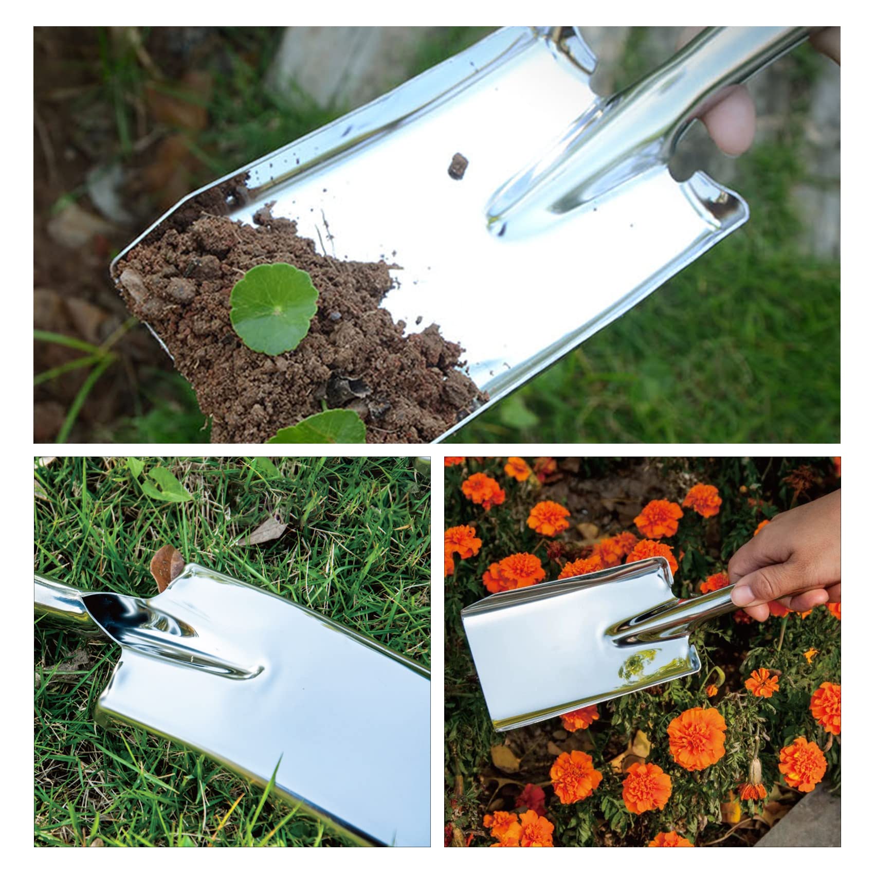ZLZLCFZE garden shovel trowel in action digging through soil.