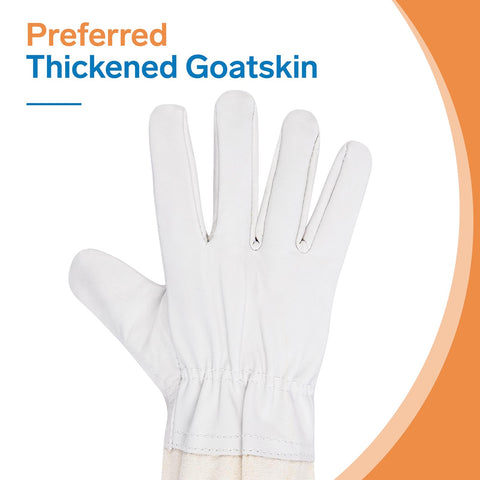 ZMHBKPS goatskin beekeeping gloves close-up reveals thick leather texture.