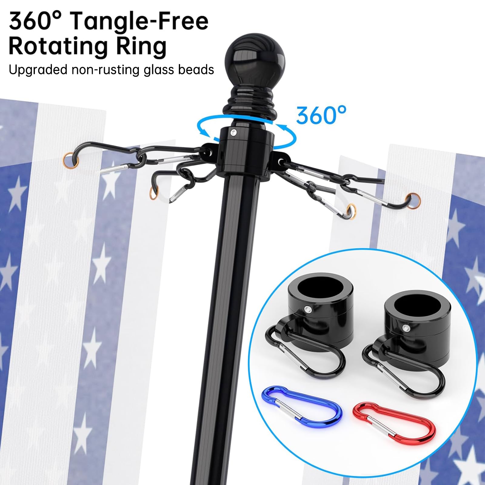 ZMTECH flag pole stainless steel carabiners for secure wind-ready setup