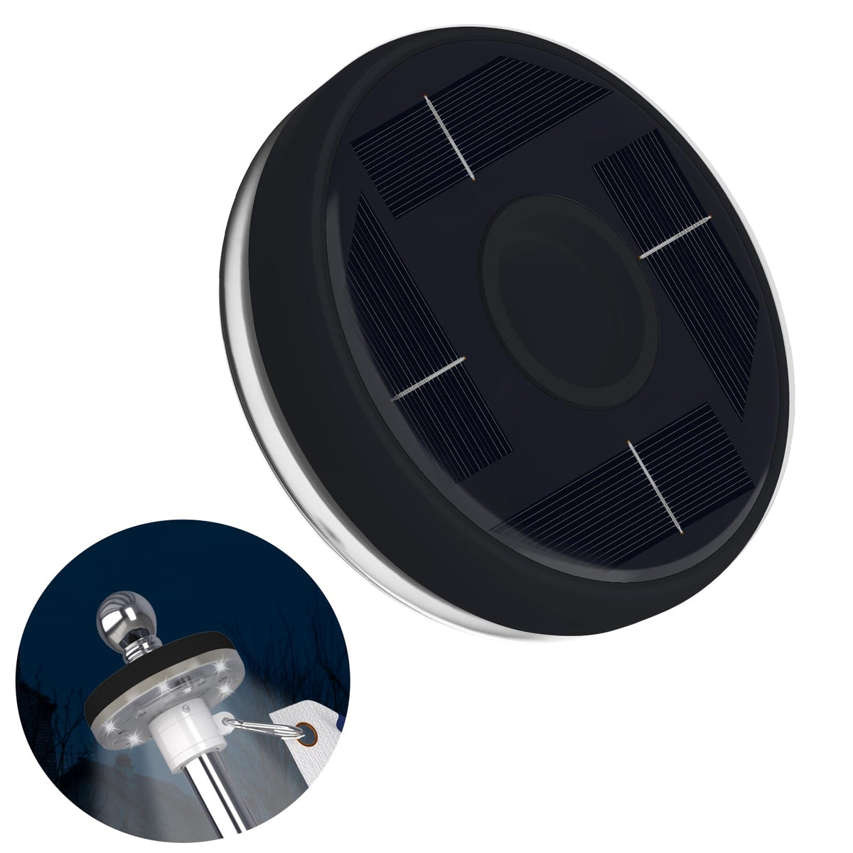 ZMTECH outdoor solar flag pole light front view with bright nighttime glow for visibility