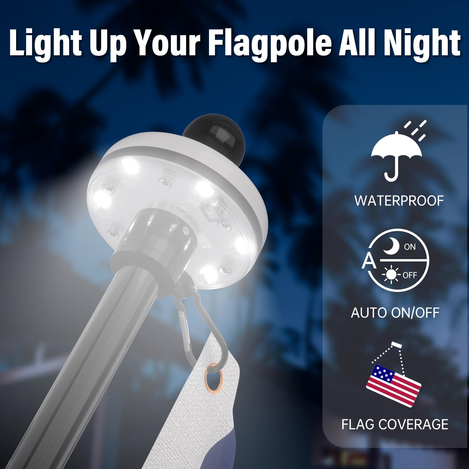 Close-up of the stainless steel flag pole showing a rust-resistant finish.