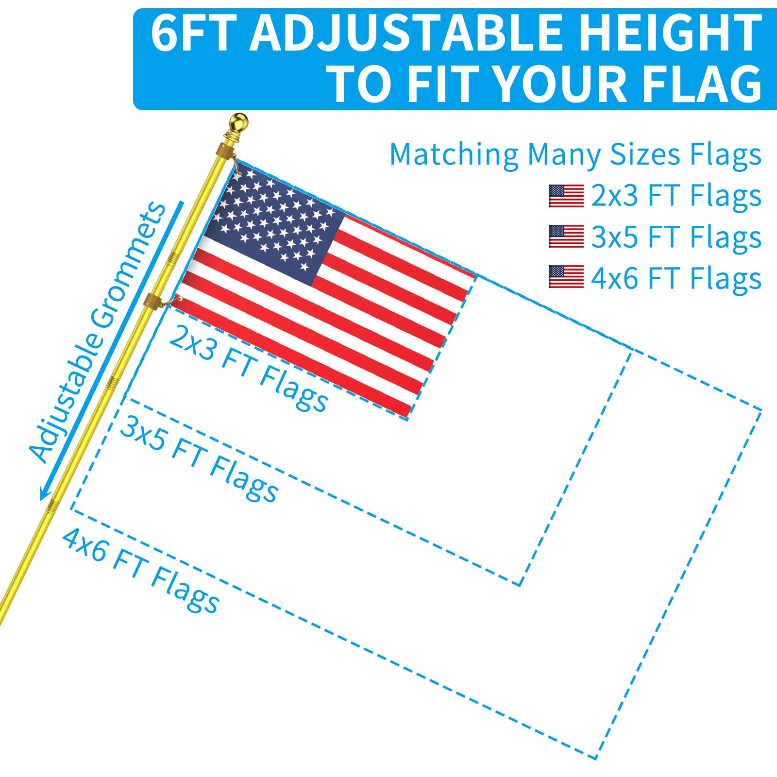 ZMTECH flag pole adjustable length from 1.3 to 6 feet
